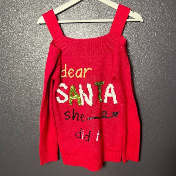 NEW Derek Heart Women's Red Dear Santa She Did It Cold Shoulder Sweater Medium - Picture 2 of 6